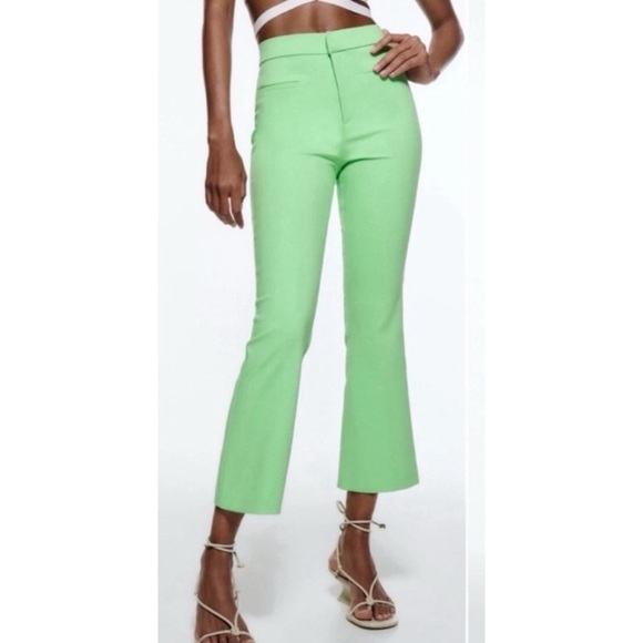 Zara High Waist Crop Flare Pants Green - Picture 1 of 13